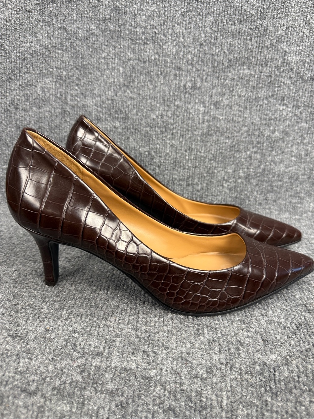Nine West Chocolate Brown Croc-Embossed Pointed-Toe Heels Size US 10M